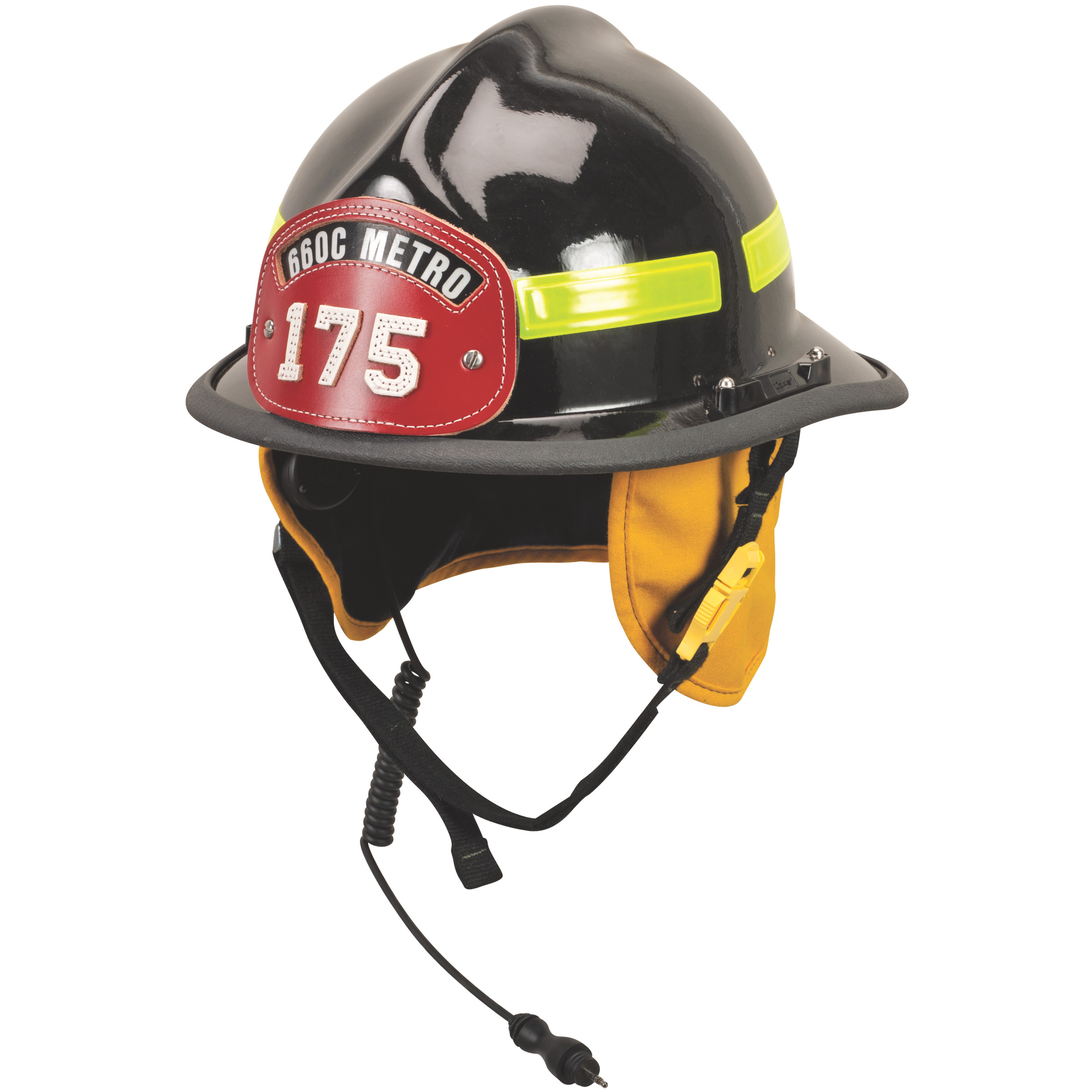 Cairns 660C Metro w/ Defender, Black, Standard Flannel Liner, Nomex Earlap, Nomex Chinstrap w/ Quick Release &amp, Postman Slide, Lime/Yellow Reflexite, Bar